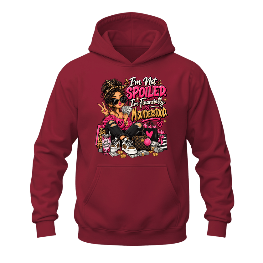Cardinal red women’s hoodie with funny I’m Not Spoiled shopping lover graphic and colourful fashion artwork