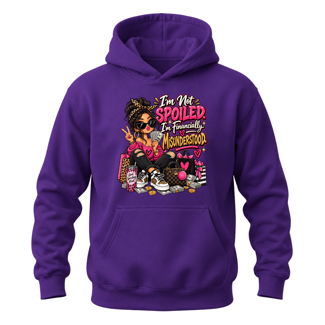 Purple women’s funny shopping hoodie with financially misunderstood quote, shopping bags and fashion character