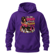 Purple women’s funny shopping hoodie with financially misunderstood quote, shopping bags and fashion character