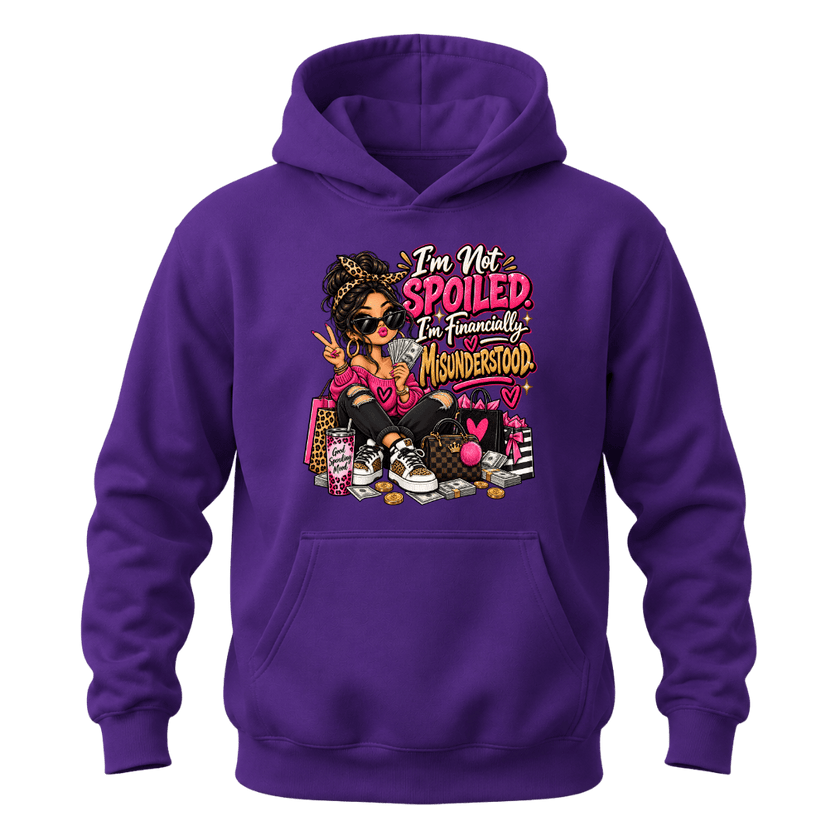 Purple women’s funny shopping hoodie with financially misunderstood quote, shopping bags and fashion character
