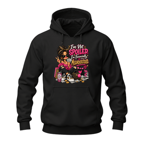 Black women’s graphic hoodie with financially misunderstood saying, fashion character, shopping bags and money design