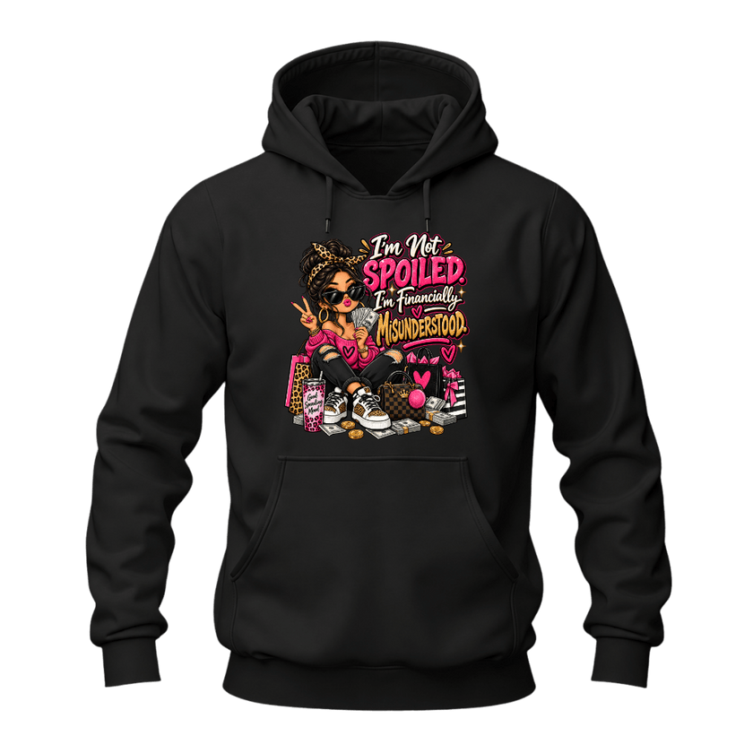 Black women’s graphic hoodie with financially misunderstood saying, fashion character, shopping bags and money design