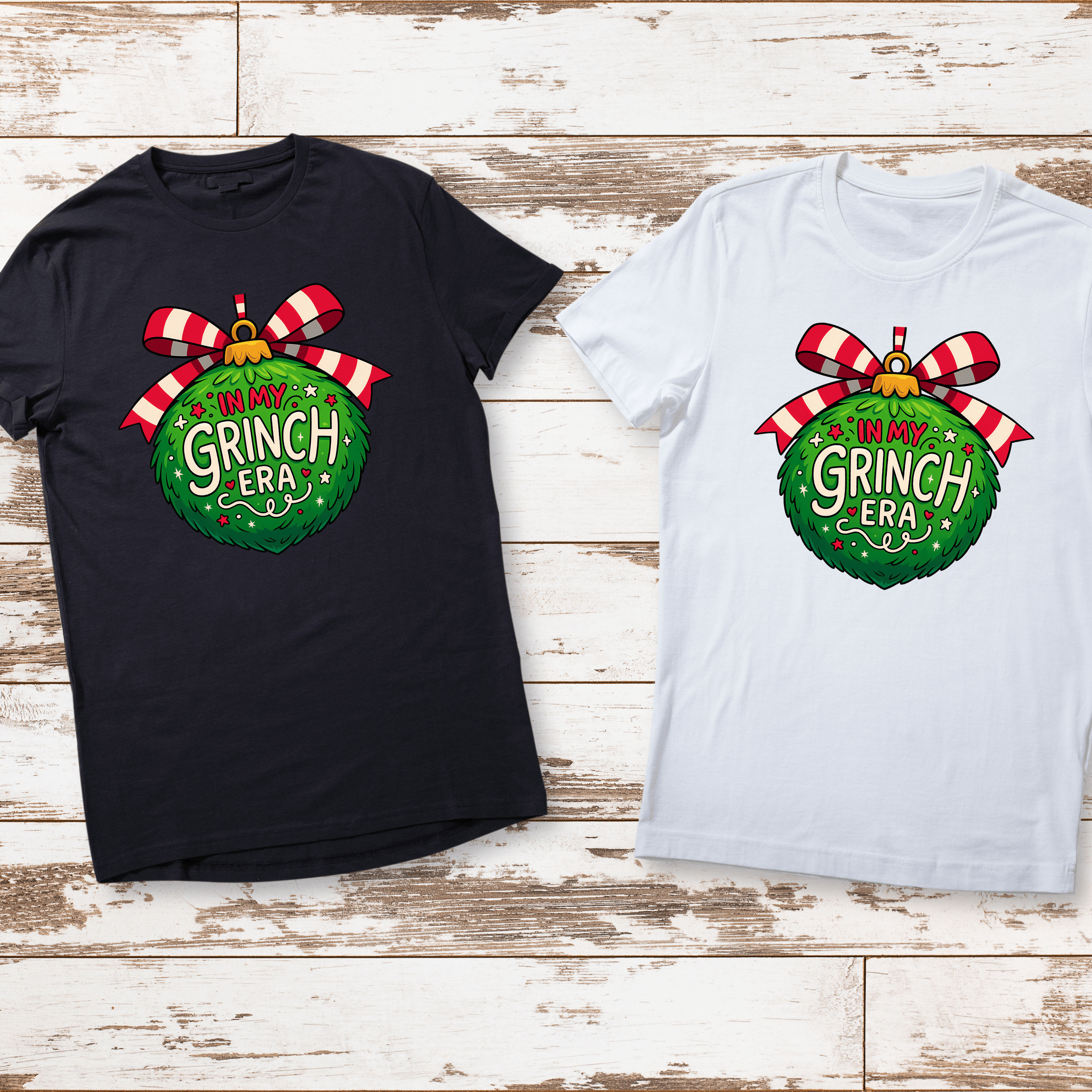 Humorous In My Grinch Era Christmas shirt with bold holiday colors. Great gift idea.
