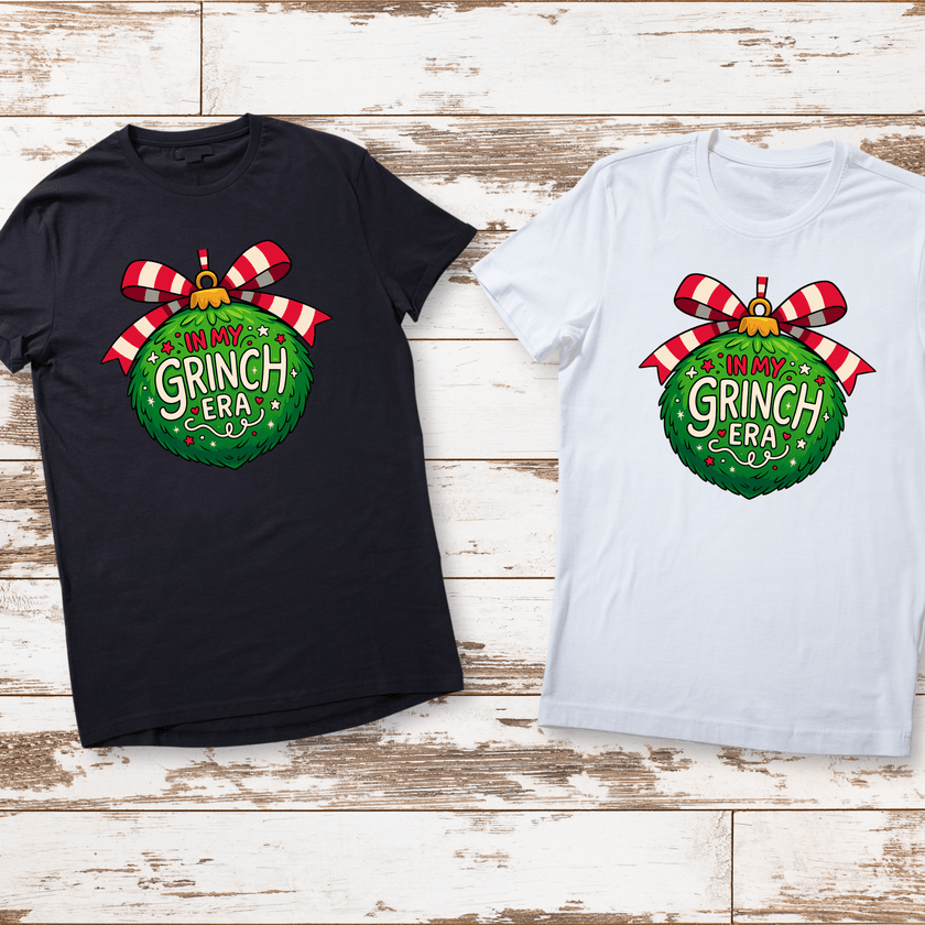 Humorous In My Grinch Era Christmas shirt with bold holiday colors. Great gift idea.
