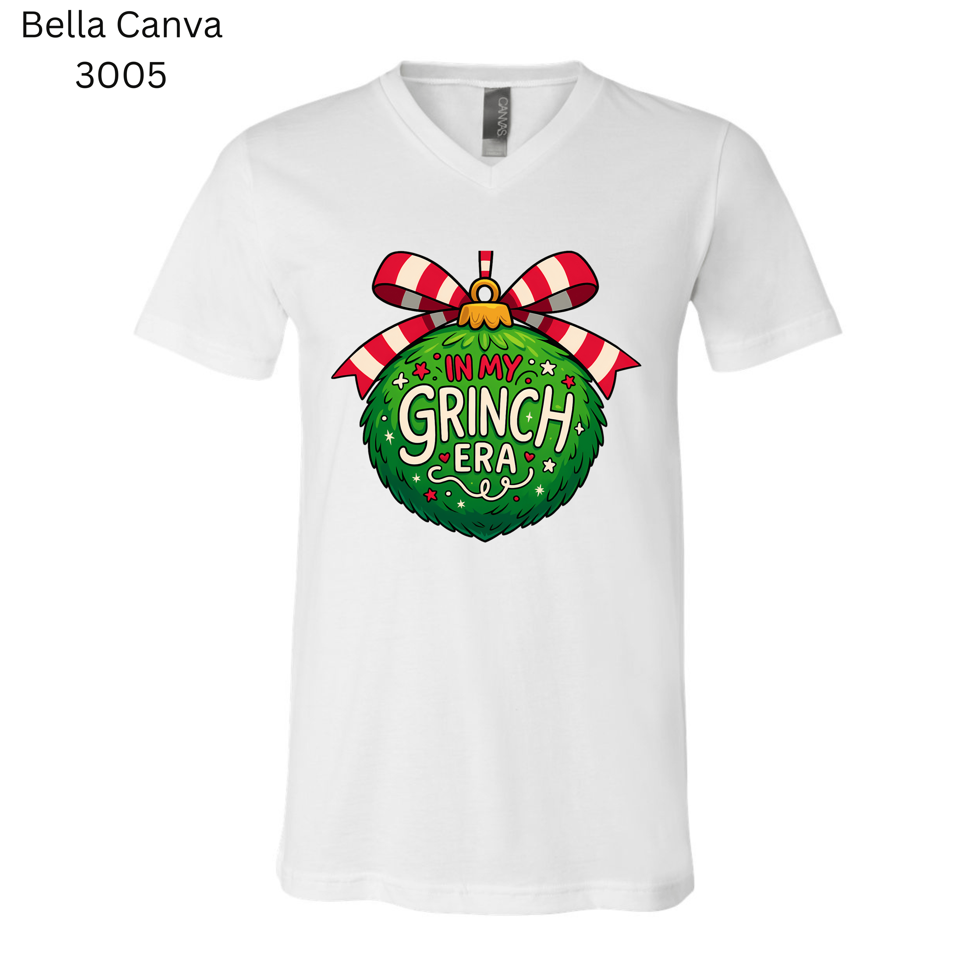 Holiday T-shirt that reads ‘In My Grinch Era’ with a colorful Christmas ornament. Perfect funny tee for cozy winter outfits.