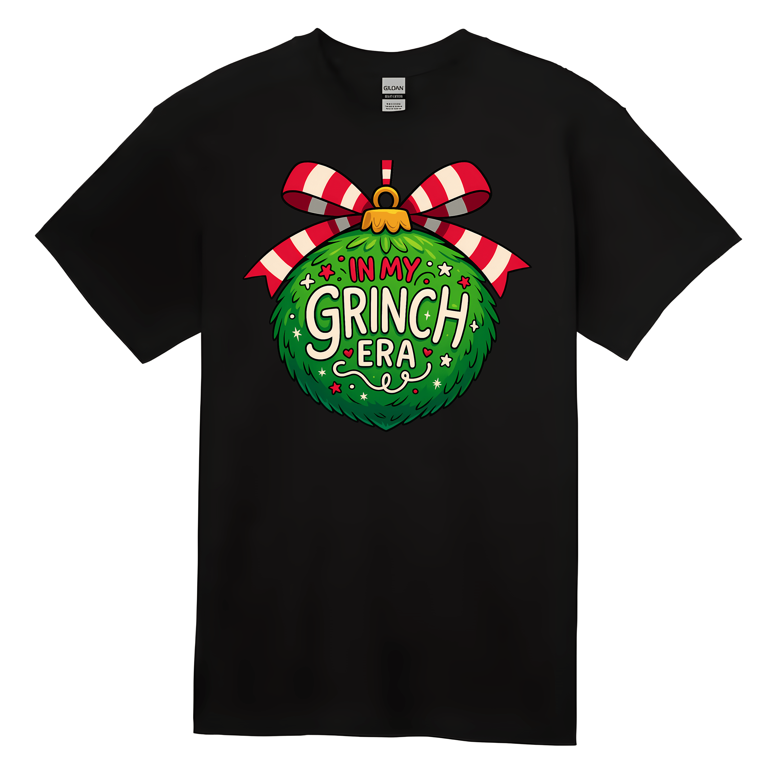 Black t-shirt with a festive design featuring a green ornament and red and white striped bow on a white background.