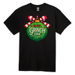 Black t-shirt with a festive design featuring a green ornament and red and white striped bow on a white background.