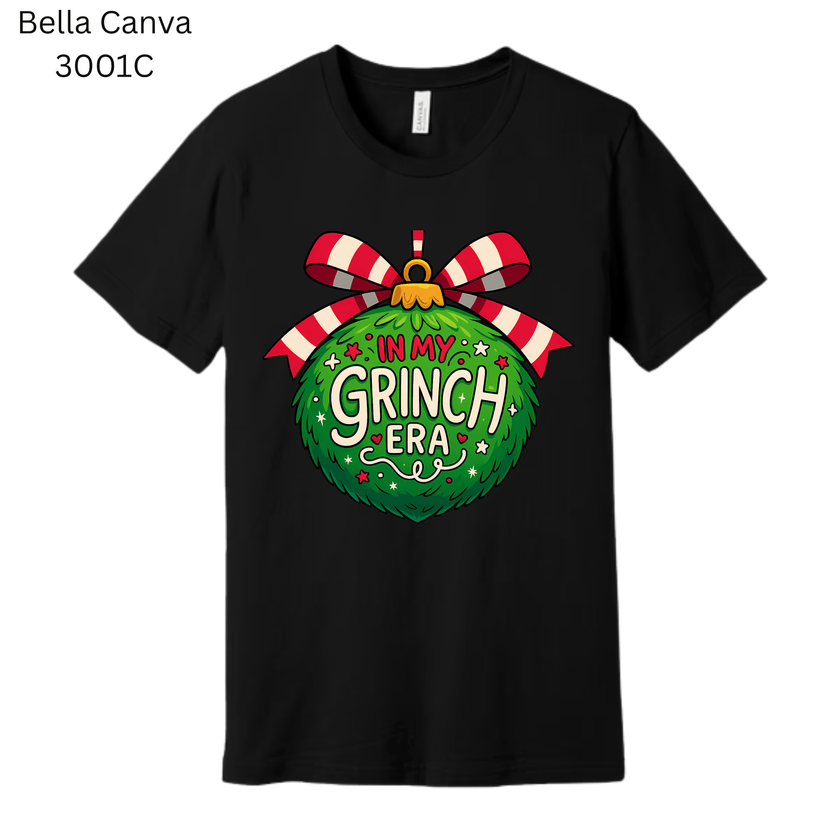 Holiday T-shirt ‘In My Grinch Era’ with cute Christmas ornament art. Funny festive tee for men and women.