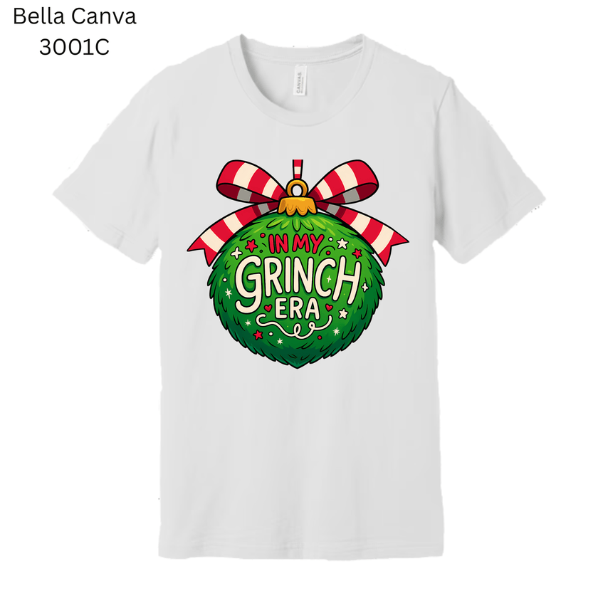 In My Grinch Era’ funny Christmas T-shirt with holiday ornament design. A playful and stylish holiday gift for Grinch fans