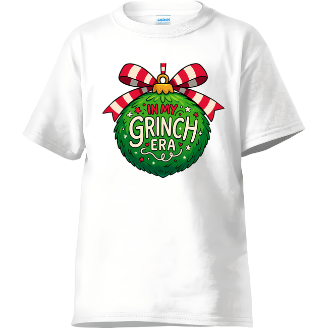 Grinch Era Christmas shirt with a green ornament and red striped bow. A fun and trendy holiday top for Grinch lovers.