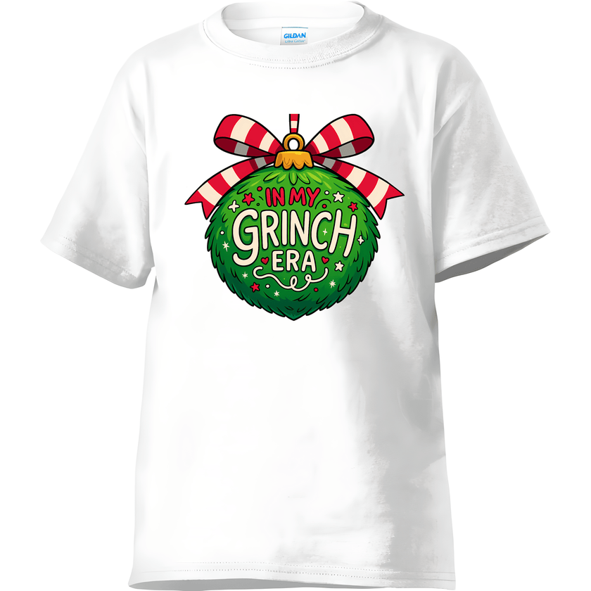 Grinch Era Christmas shirt with a green ornament and red striped bow. A fun and trendy holiday top for Grinch lovers.