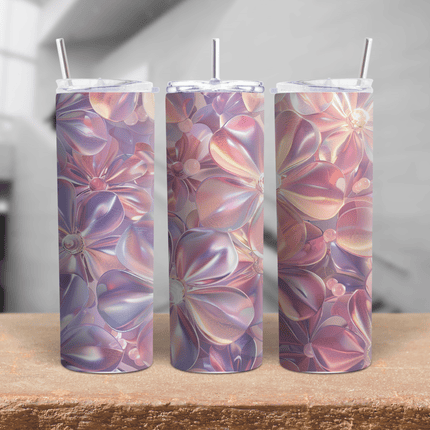 Iridescent floral stainless steel tumbler with pearl pink flowers, shimmering finish, shown in 360-degree view