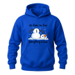 Royal blue funny winter hoodie with It’s Fine I’m Fine Everything Is Fine snowman graphic and snowflakes