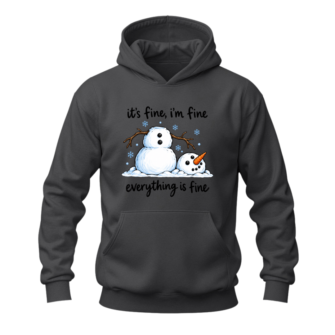 Charcoal grey snowman hoodie with humorous winter quote, melting snowman artwork and blue snowflake details