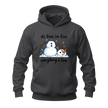 Charcoal grey snowman hoodie with humorous winter quote, melting snowman artwork and blue snowflake details