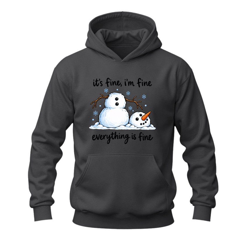 Charcoal grey snowman hoodie with humorous winter quote, melting snowman artwork and blue snowflake details
