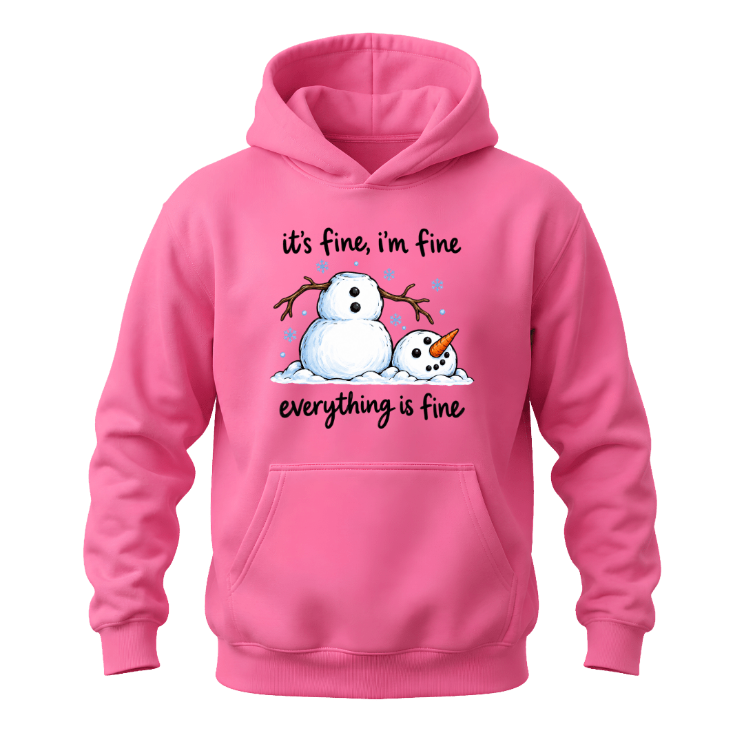 Azalea pink funny snowman hoodie featuring a melting snowman, blue snowflakes and Everything Is Fine winter quote