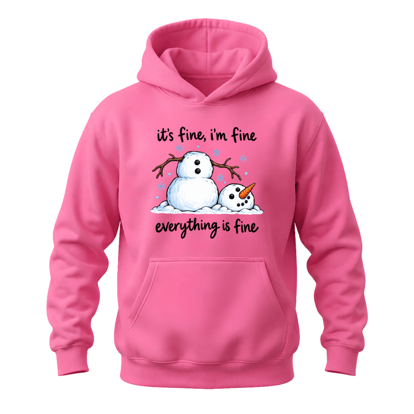Azalea pink funny snowman hoodie featuring a melting snowman, blue snowflakes and Everything Is Fine winter quote