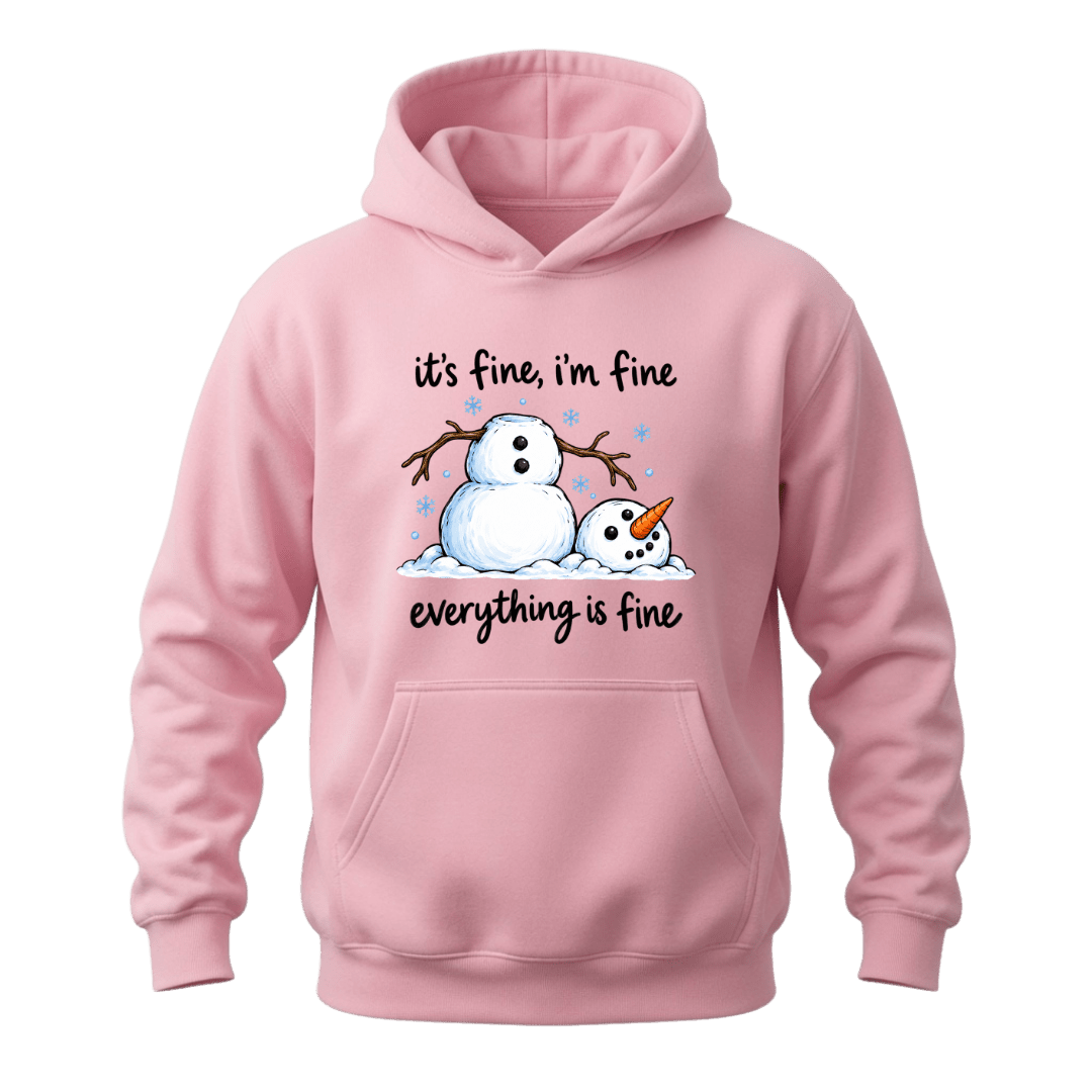 Light pink funny Christmas hoodie with melting snowman artwork and It’s Fine I’m Fine Everything Is Fine quote