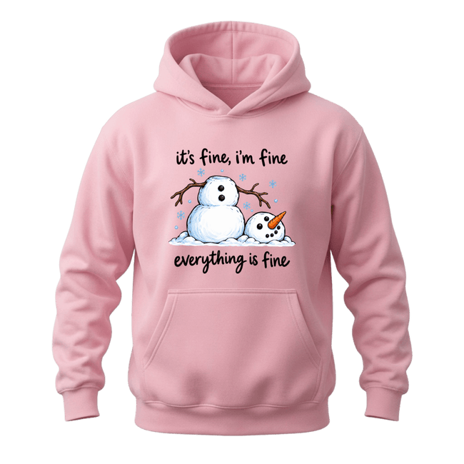 Light pink funny Christmas hoodie with melting snowman artwork and It’s Fine I’m Fine Everything Is Fine quote