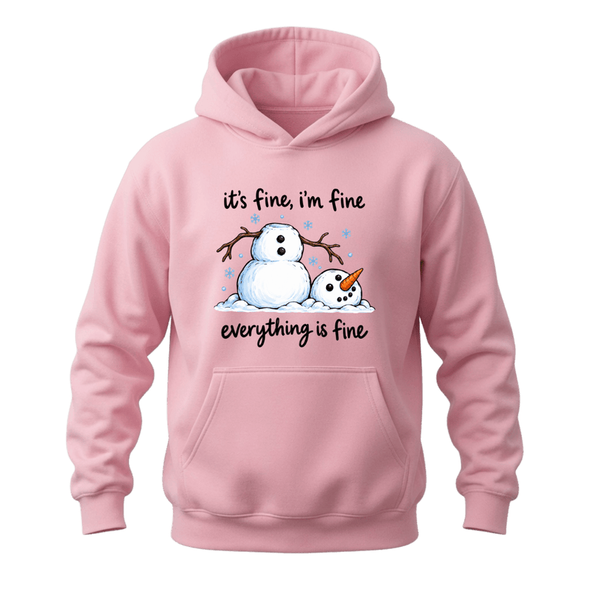 Light pink funny Christmas hoodie with melting snowman artwork and It’s Fine I’m Fine Everything Is Fine quote