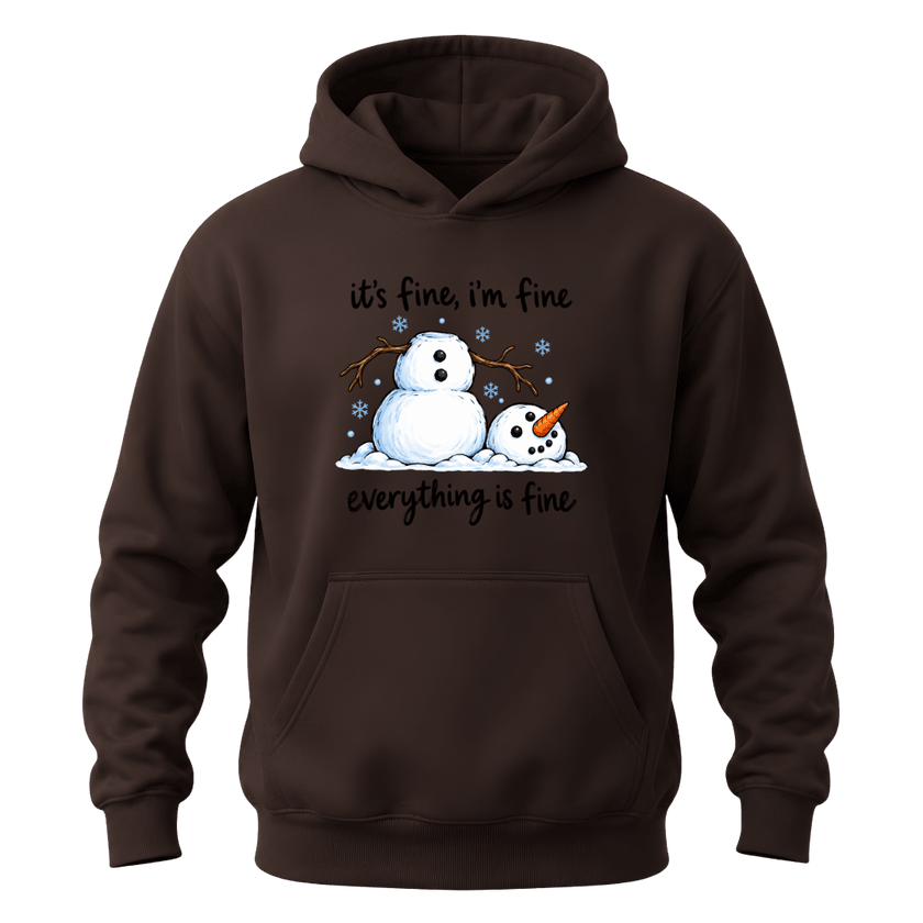Dark chocolate funny Christmas hoodie featuring It’s Fine I’m Fine Everything Is Fine snowman winter design