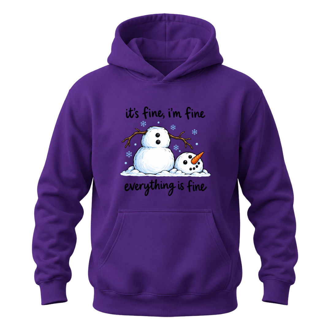 Purple funny snowman hoodie with It’s Fine I’m Fine winter quote, snowflake details and cozy holiday style