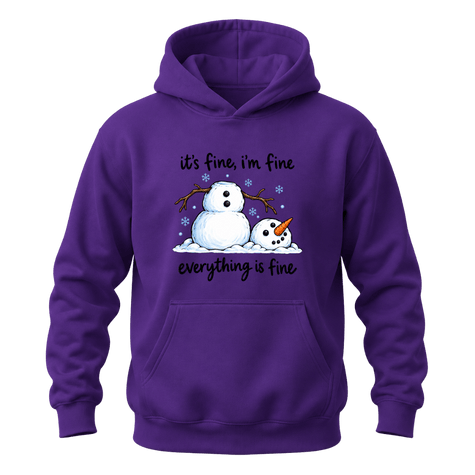 Purple funny snowman hoodie with It’s Fine I’m Fine winter quote, snowflake details and cozy holiday style