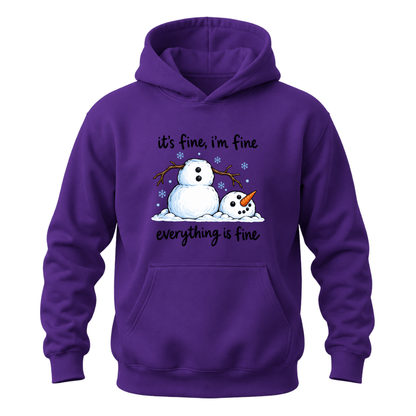 Purple funny snowman hoodie with It’s Fine I’m Fine winter quote, snowflake details and cozy holiday style