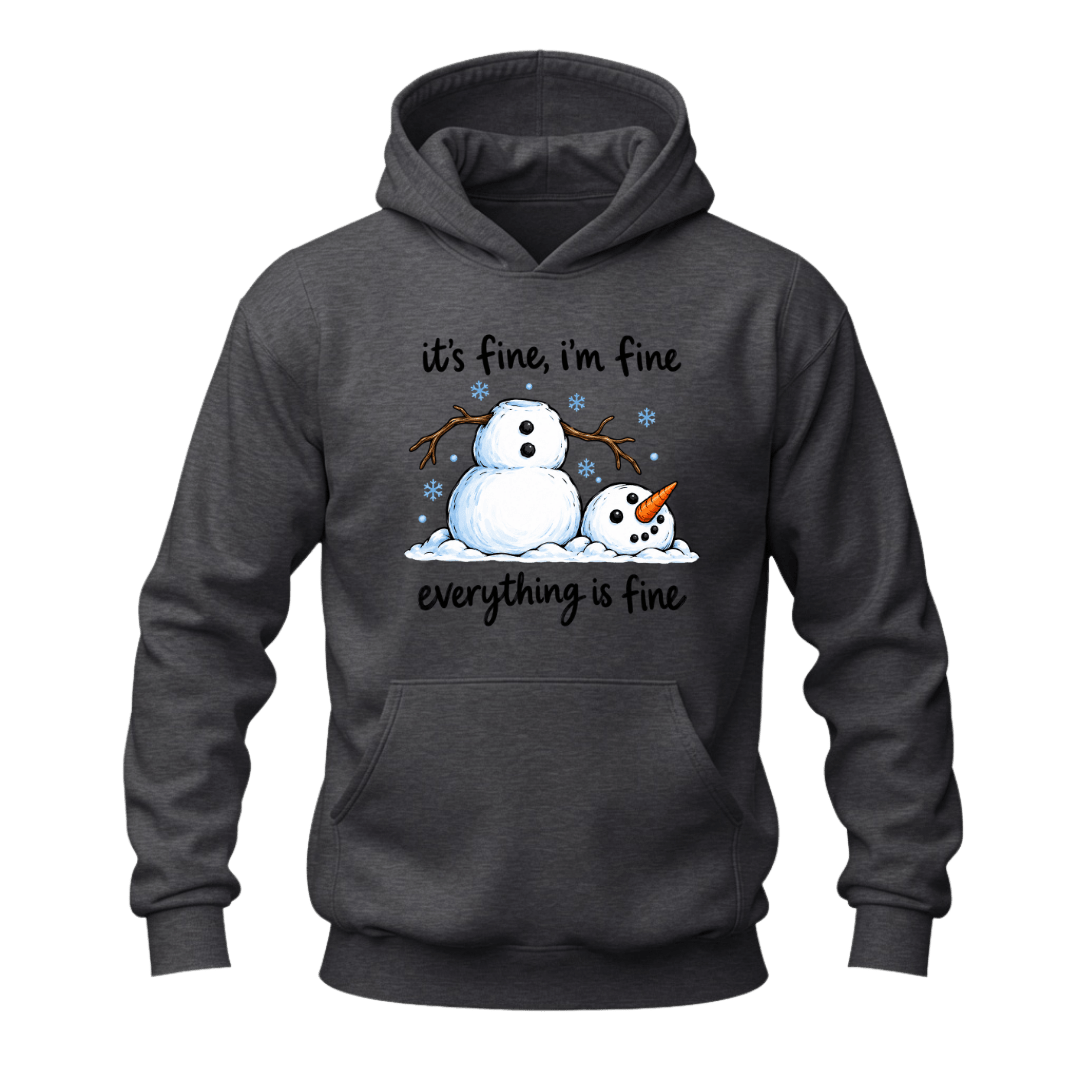 Dark heather grey winter hoodie with melting snowman illustration and funny Everything Is Fine seasonal quote