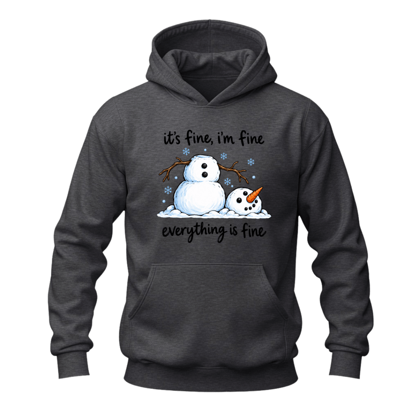 Dark heather grey winter hoodie with melting snowman illustration and funny Everything Is Fine seasonal quote