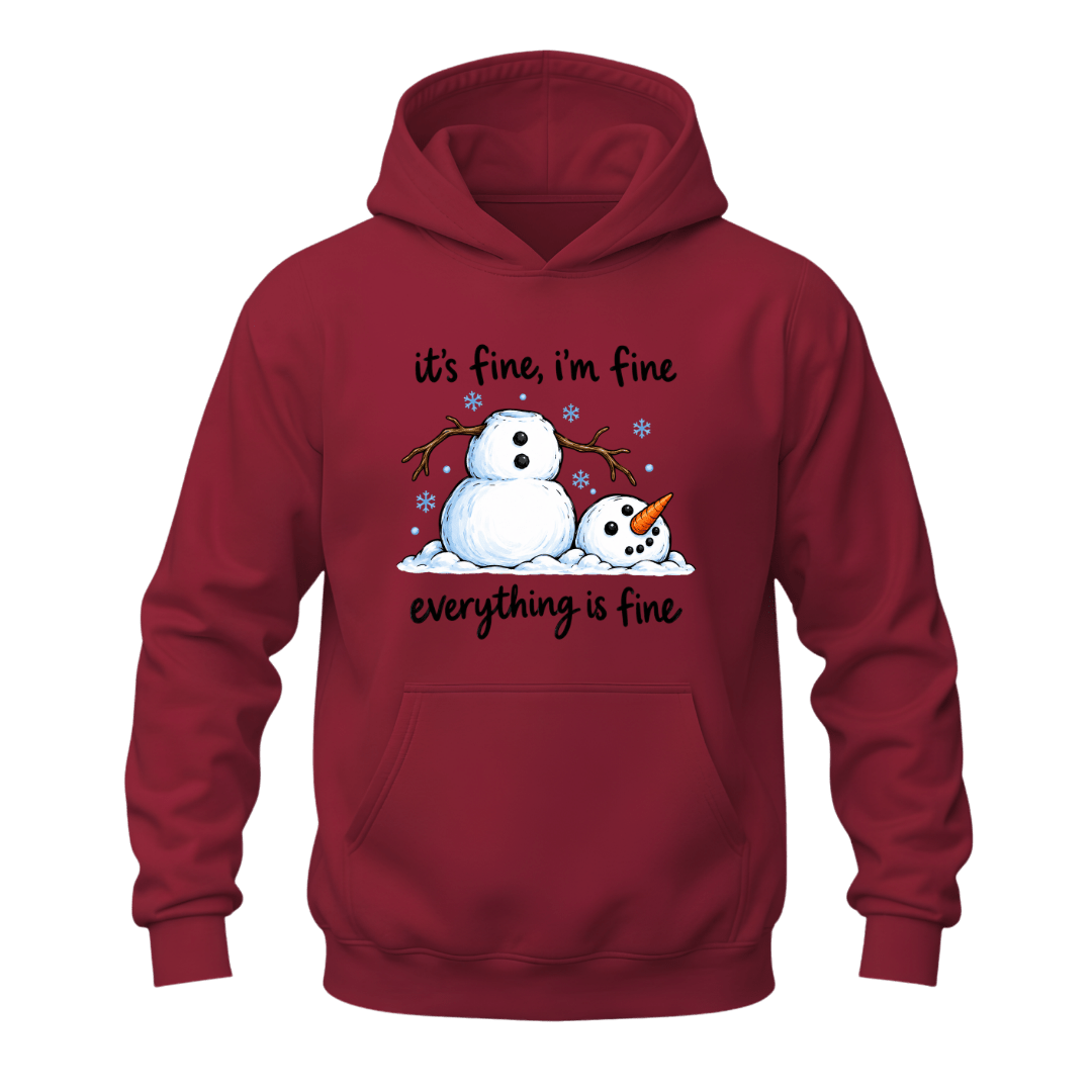 Cardinal red Christmas hoodie with humorous It’s Fine I’m Fine snowman graphic for cozy winter and holiday wear