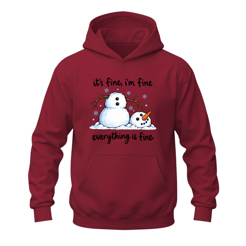 Cardinal red Christmas hoodie with humorous It’s Fine I’m Fine snowman graphic for cozy winter and holiday wear