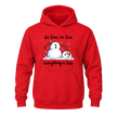 Red Christmas snowman hoodie featuring humorous Everything Is Fine quote and playful melting snowman design