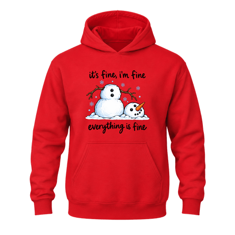 Red Christmas snowman hoodie featuring humorous Everything Is Fine quote and playful melting snowman design
