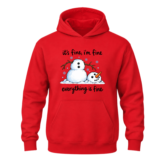 Red Christmas snowman hoodie featuring humorous Everything Is Fine quote and playful melting snowman design