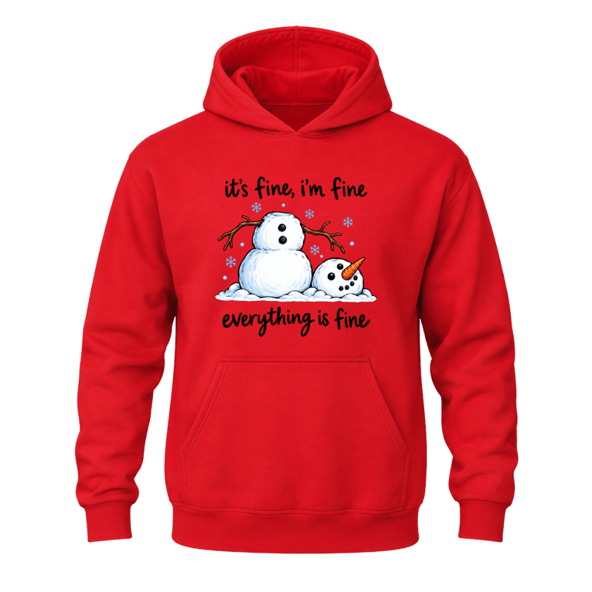Red Christmas snowman hoodie featuring humorous Everything Is Fine quote and playful melting snowman design