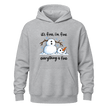 Grey funny snowman hoodie featuring playful melting snowman artwork and Everything Is Fine winter saying