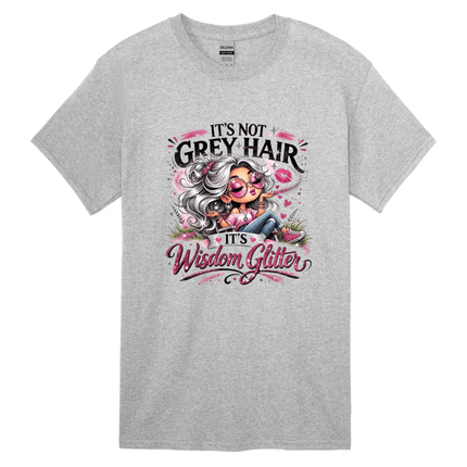 grey wisdom glitter funny aging tshirt with illustrated silver hair character