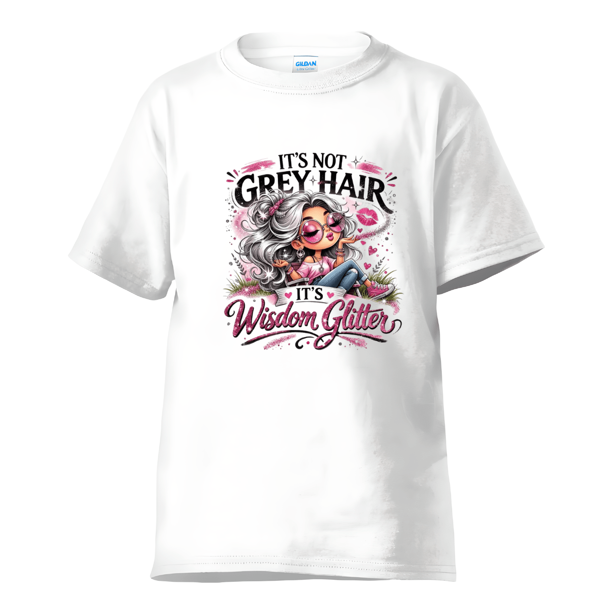 white wisdom glitter funny aging graphic tshirt with silver hair character design