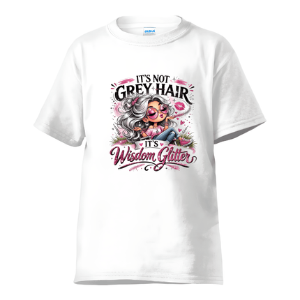 white wisdom glitter funny aging graphic tshirt with silver hair character design