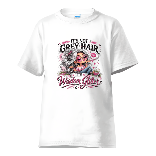 white wisdom glitter funny aging graphic tshirt with silver hair character design