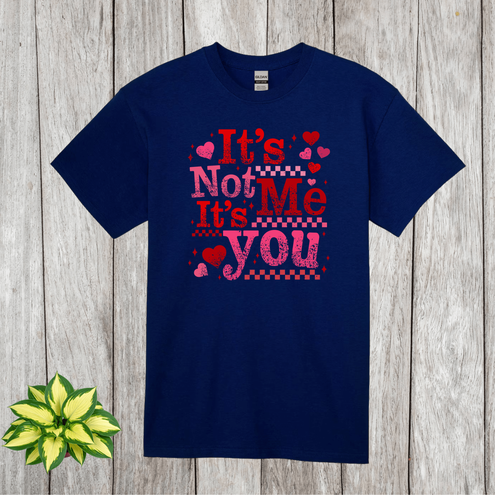Navy t shirt with It’s Not Me It’s You graphic on wooden background