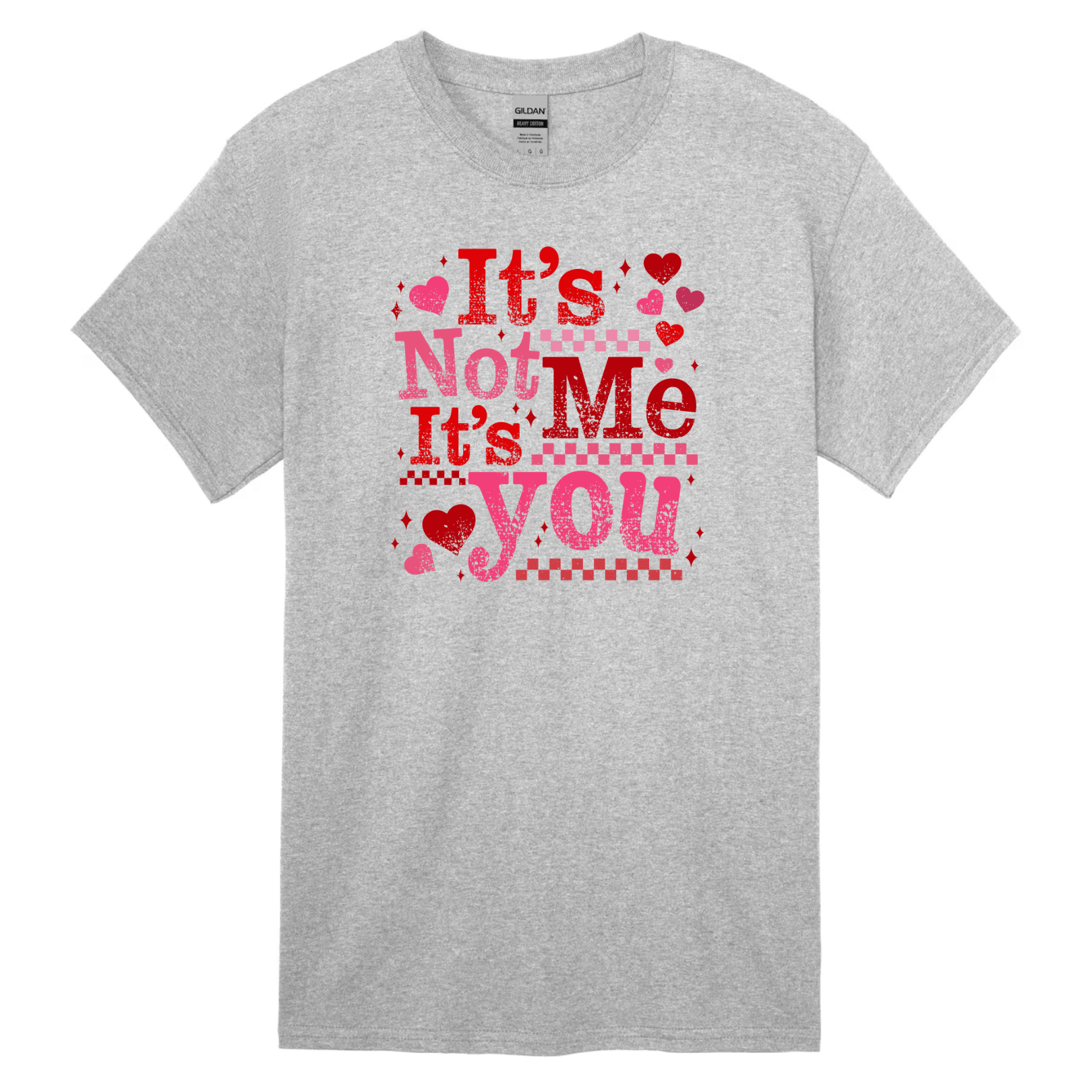 Grey t shirt with funny Valentine slogan and heart accents