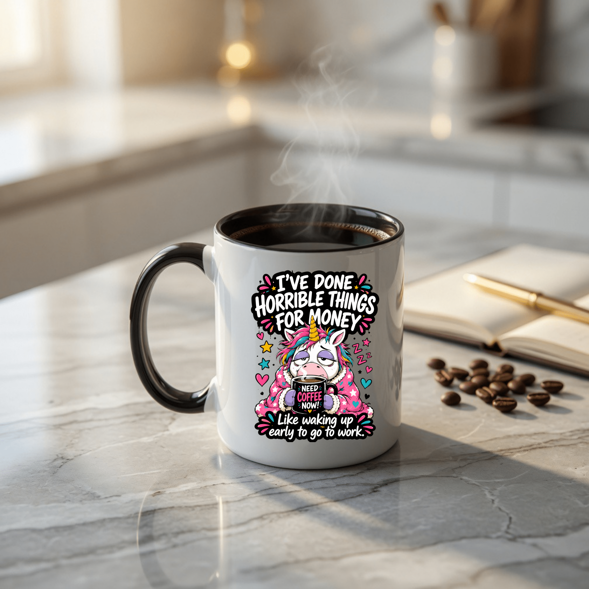 Black handle ceramic coffee mug with colorful sleepy unicorn illustration and humorous office quote perfect for coffee lovers and coworker gifts.