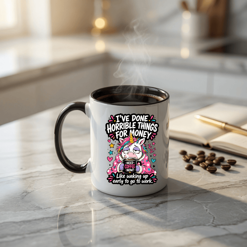 Black handle ceramic coffee mug with colorful sleepy unicorn illustration and humorous office quote perfect for coffee lovers and coworker gifts.