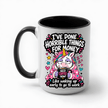 Gift ready funny unicorn coffee mug featuring a colorful sleepy unicorn holding coffee with a humorous work quote available in white and black handle styles.
