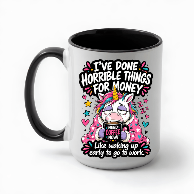 Gift ready funny unicorn coffee mug featuring a colorful sleepy unicorn holding coffee with a humorous work quote available in white and black handle styles.