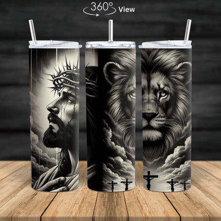 Black and white Jesus and Lion of Judah Christian faith tumbler with crosses and dramatic cloud artwork