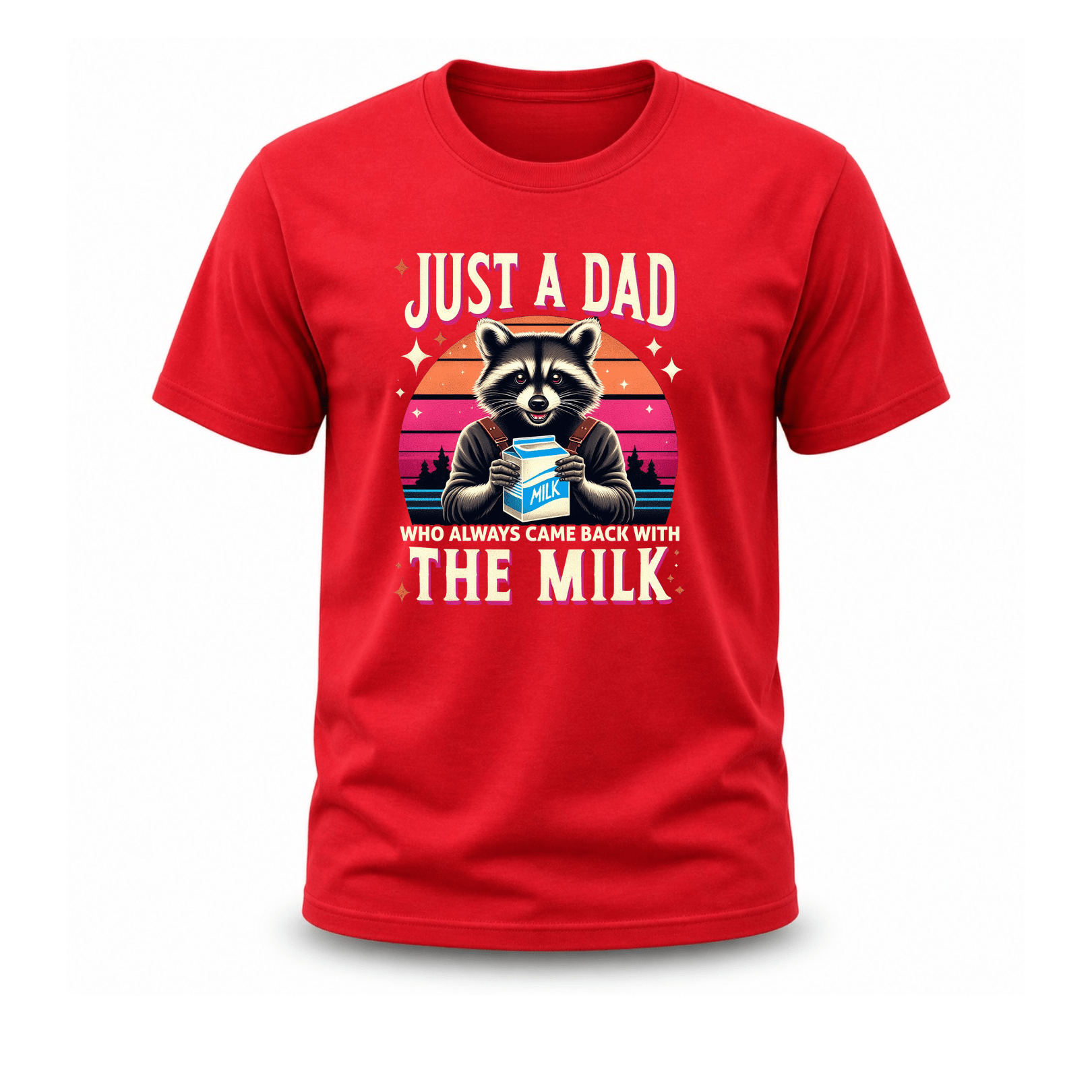 Red premium cotton funny Father’s Day shirt with raccoon holding milk and sunset background